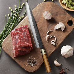 Kajiya Asakusa 11'' YanagiBa - Professional Japanese Kitchen Knife for Sushi & Fish Slicing with 3-Layer VG10 Steel Blade & Natural Wooden Handle (Olive)