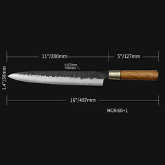 Kajiya Asakusa 11'' YanagiBa - Professional Japanese Kitchen Knife for Sushi & Fish Slicing with 3-Layer VG10 Steel Blade & Natural Wooden Handle (Olive)