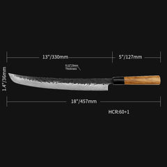 Kajiya Keikoku 13'' Senmaru - Professional Japanese Kitchen Knife for Large Fish Butchering & Sashimi with 67-Layer Damascus VG10 Steel Blade & Natural Wooden Handle (Olive)