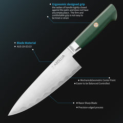 Abeillia Saturn 8'' Chef Knife - Home Kitchen Knife for Everyday Cooking with AUS-10 Japanese Steel & G10 Handle (Blue/Green/Atrovirens Color Options)