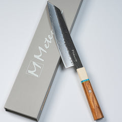 Meteorite IceRaven 8" Kiritsuke - Japanese Chef's Knife with Black/Sliver Hammered and 67-Layer Damascus Blade & Olive Wood Handle
