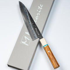 Meteorite IceRaven 8.3" Gyuto - Japanese Chef's Knife with Black/Sliver Hammered and 67-Layer Damascus Blade & Olive Wood Handle