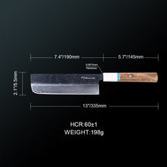 Meteorite IceRaven 7" Nakiri - Japanese Vegetable Knife with Black/Sliver Hammered and 67-Layer Damascus Blade & Olive Wood Handle