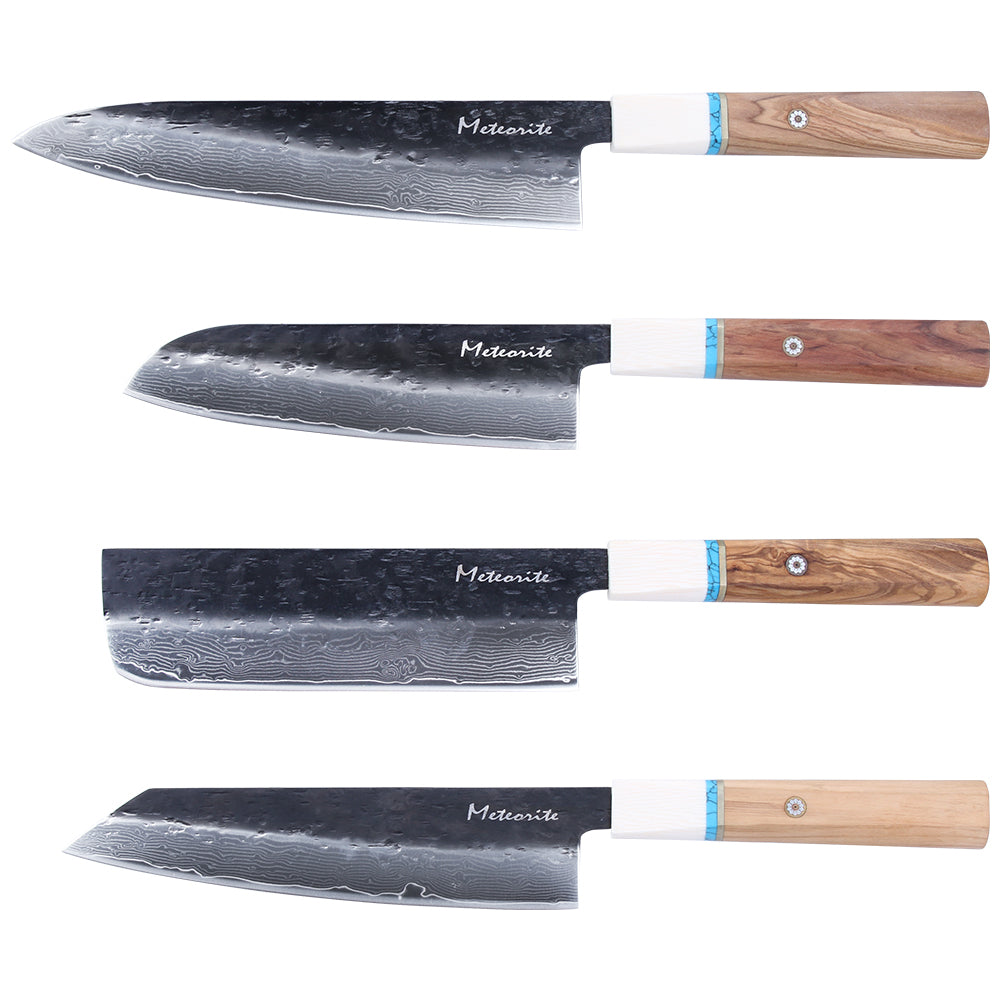 Meteorite IceRaven Japanese Knife Set | 2Pcs / 3Pcs / 4Pcs Black Forged Damascus Steel | Gyuto, Santoku, Nakiri, Kiritsuke | Olive Wood Handle