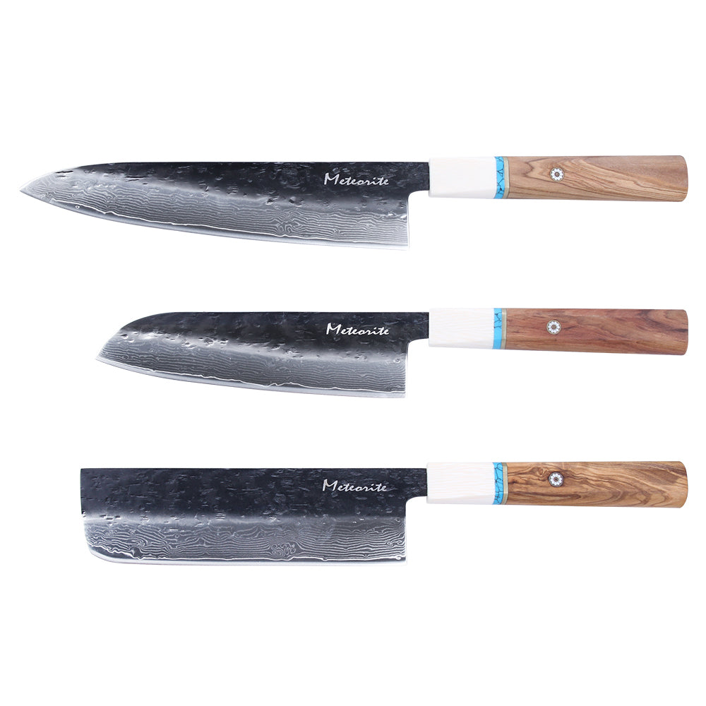 Meteorite IceRaven Japanese Knife Set | 2Pcs / 3Pcs / 4Pcs Black Forged Damascus Steel | Gyuto, Santoku, Nakiri, Kiritsuke | Olive Wood Handle