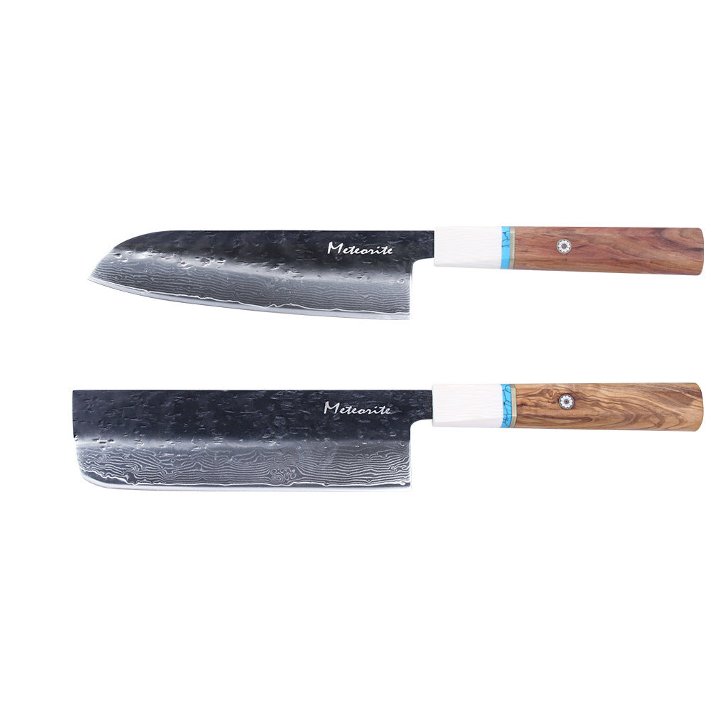 Meteorite IceRaven Japanese Knife Set | 2Pcs / 3Pcs / 4Pcs Black Forged Damascus Steel | Gyuto, Santoku, Nakiri, Kiritsuke | Olive Wood Handle