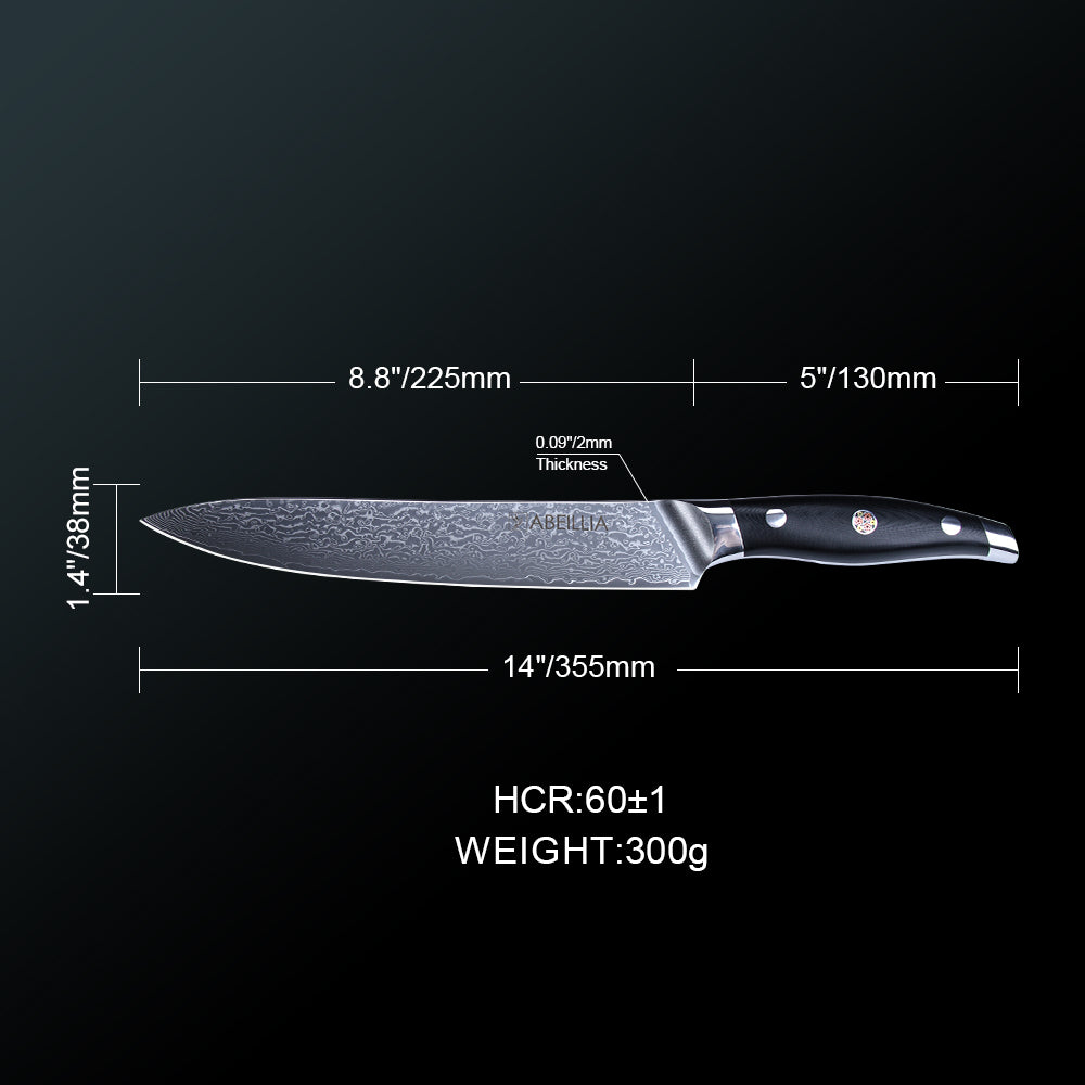 Abellia Libra Professional 9inch Carving Knife Damascus Steel VG10 Meat Slicing Knives with Black G10 Handle