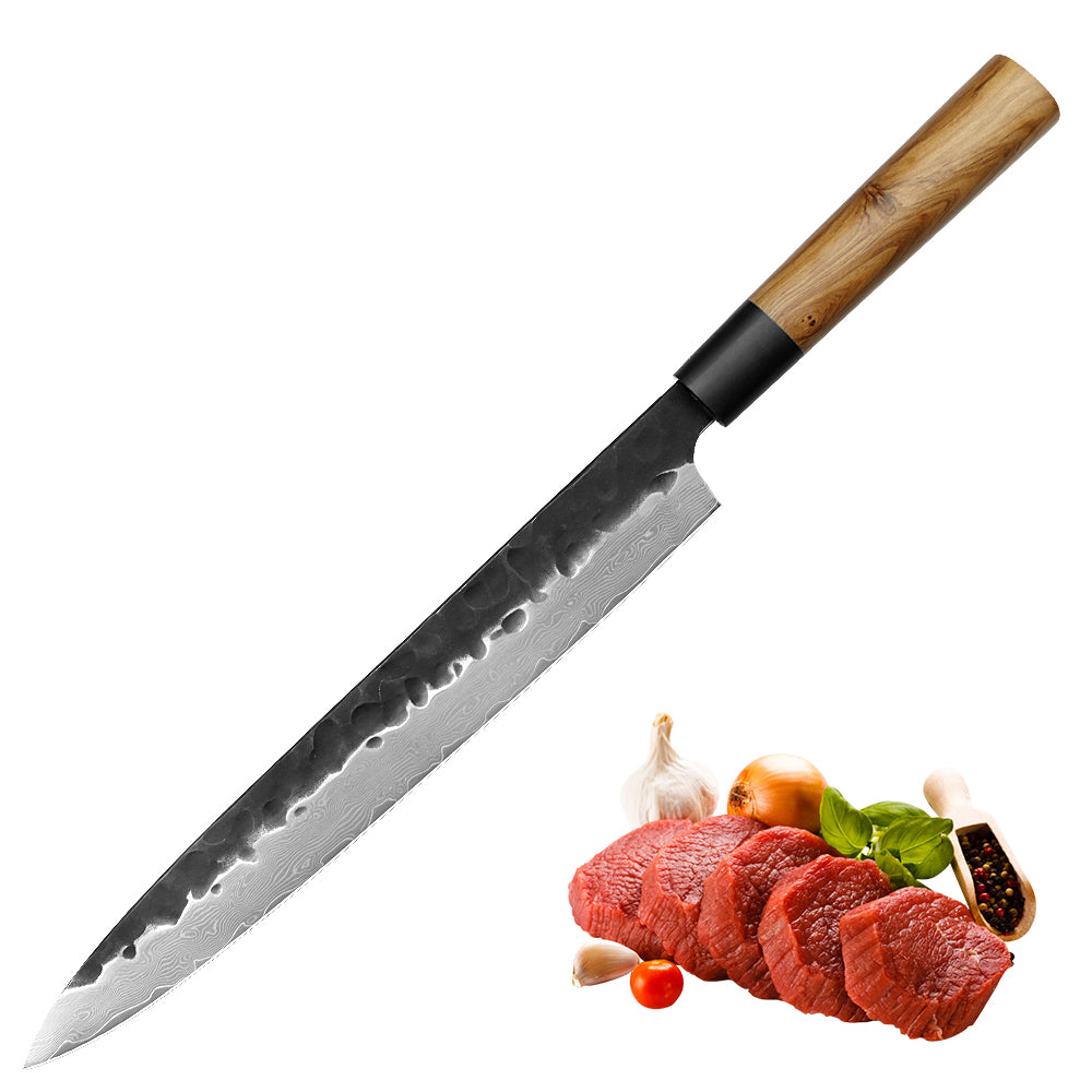 Kajiya Keikoku 11'' YanagiBa - Professional Japanese Kitchen Knife for Sushi & Sashimi with 67-Layer Damascus VG10 Steel Blade & Natural Wooden Handle (Olive/Ebony options)