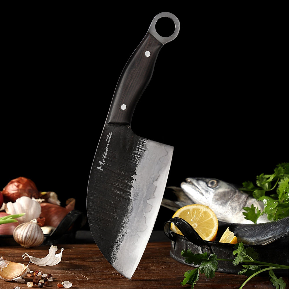 Meteorite Kodiak 6'' Asia Cleaver - Heavy-Duty Full-Tang Outdoor Knife for Camp Cooking & Game Processing｜T10 Forged Steel & Natural Wooden Handle (Ebony)