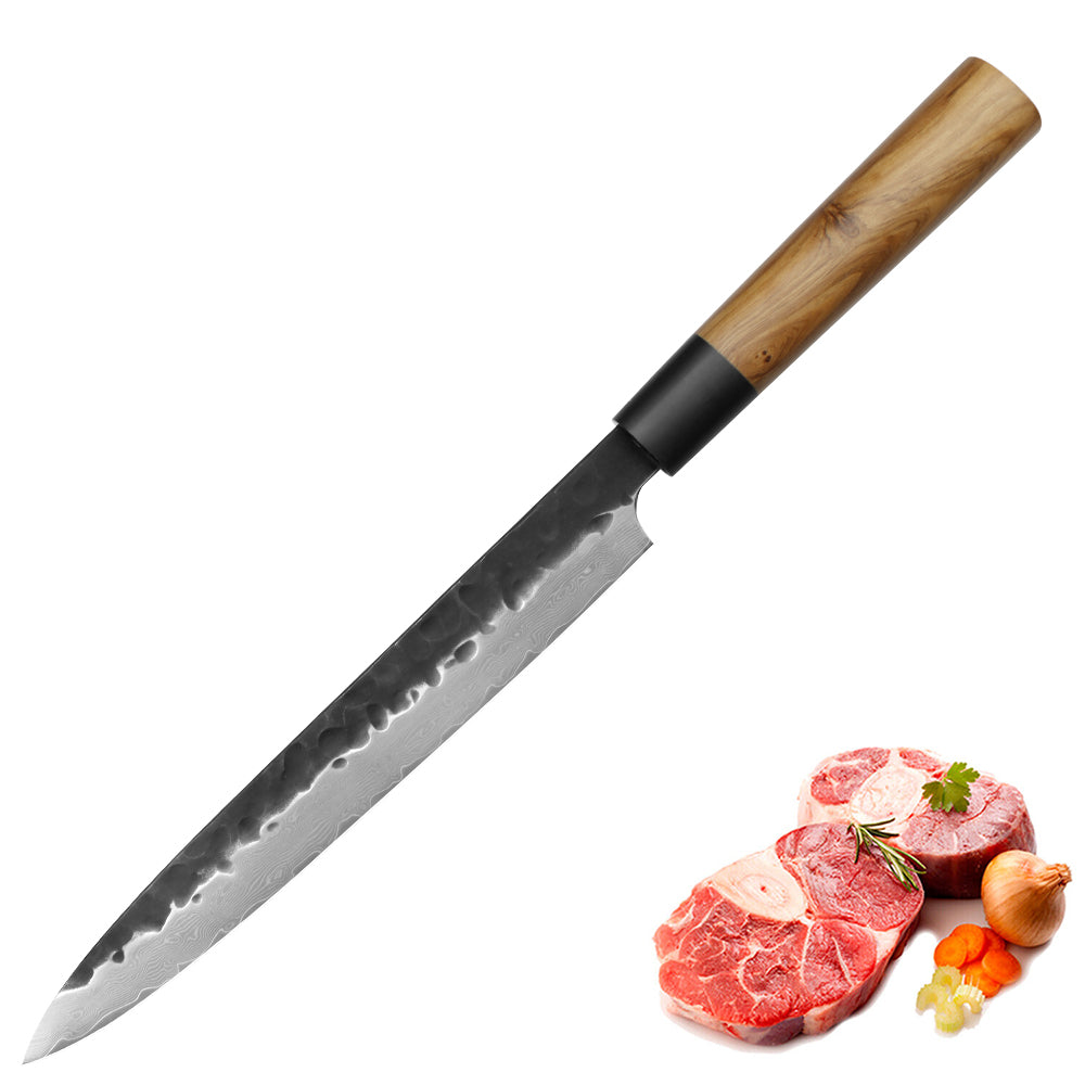 Kajiya Keikoku 9'' ‌YanagiBa - Ultra-Light Japanese Sashimi Knife for Precision Fish Slicing with 67-Layer Damascus Steel & Natural Wooden Handle (Olive)