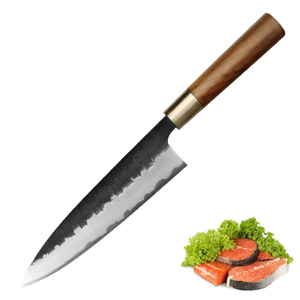 Kajiya Asakusa 9'' Gyuto - Professional Japanese Kitchen Knife for All-Purpose Cooking & Precision Cutting with 3-Layer VG10 Steel Blade & Natural Wooden Handle (Olive)
