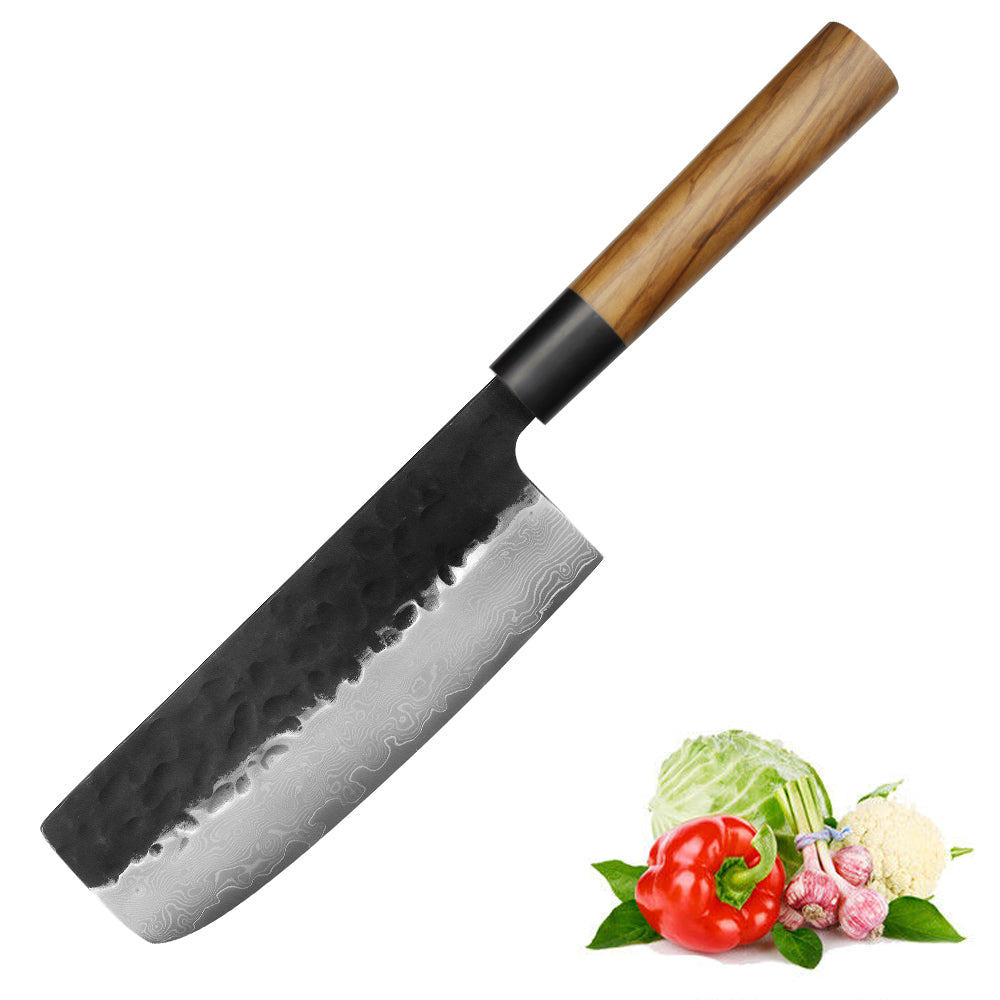 Kajiya Keikoku Olive wood 7 inch Japanese Nakiri Knife VG10 Damascus Steel Kitchen Cleaver Usuba Vegetable Knives