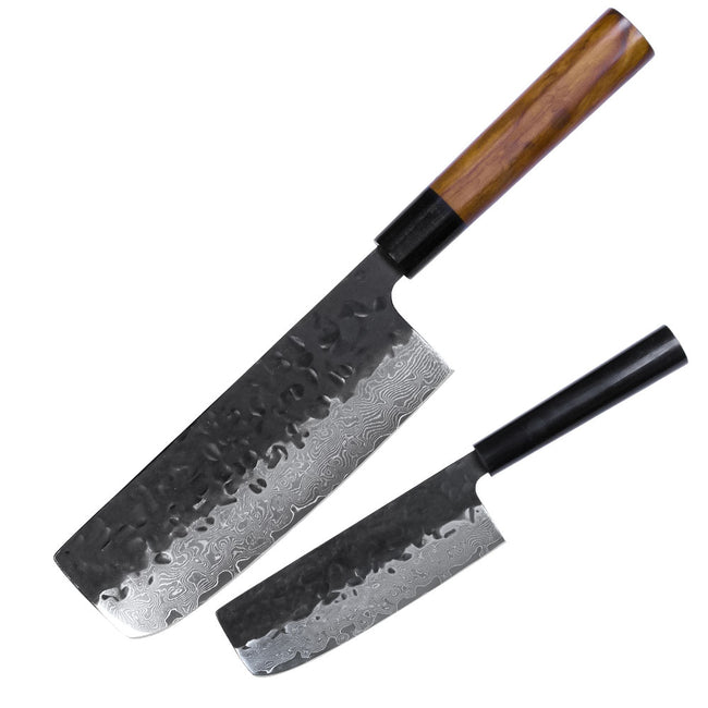 Kajiya Keikoku 7'' Nakiri - Japanese Kitchen Knife for Vegetable Chopping & Precision Slicing with 3-Layer VG10 Steel Blade & Natural Wooden Handle (Olive/Ebony options) Hover Image