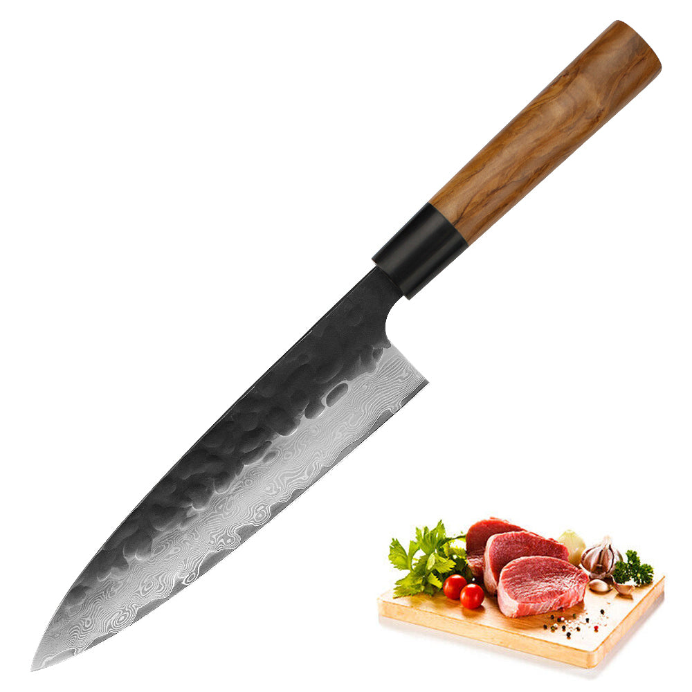 Kajiya Keikoku 9'' Gyuto - Professional Japanese Kitchen Knife for Meat Cutting & Vegetable Slicing with 67-Layer Damascus VG10 Steel Blade & Natural Wooden Handle (Olive)