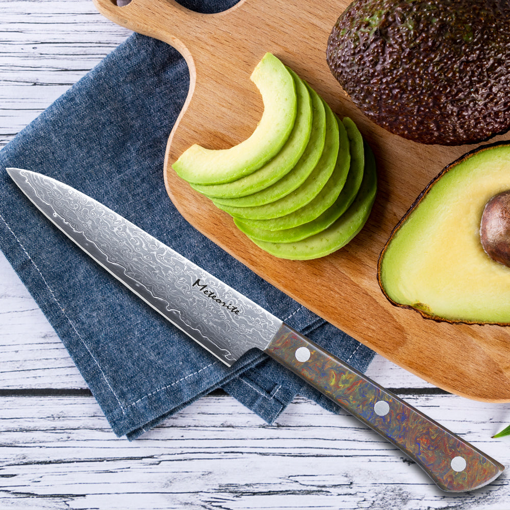 Meteorite PaintedBunting 5" Utility Knife - Compact Kitchen Blade for Precision Peeling & Detail Work, 67-Layer Damascus Steel with Trendy Acrylic Handle