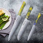 Meteorite PaintedBunting  3pcs Chef & Santoku & Utility Knife Set - Premium Damascus Kitchen Chefs Knife Set - Japanese Style knives Blade in Gift Box