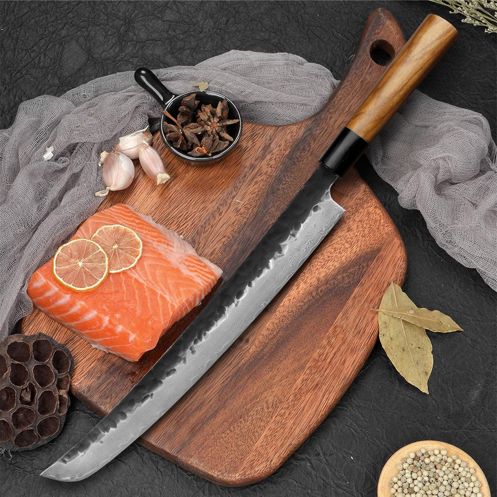 Kajiya Keikoku 13'' Senmaru - Professional Japanese Kitchen Knife for Large Fish Butchering & Sashimi with 67-Layer Damascus VG10 Steel Blade & Natural Wooden Handle (Olive/Ebony options)