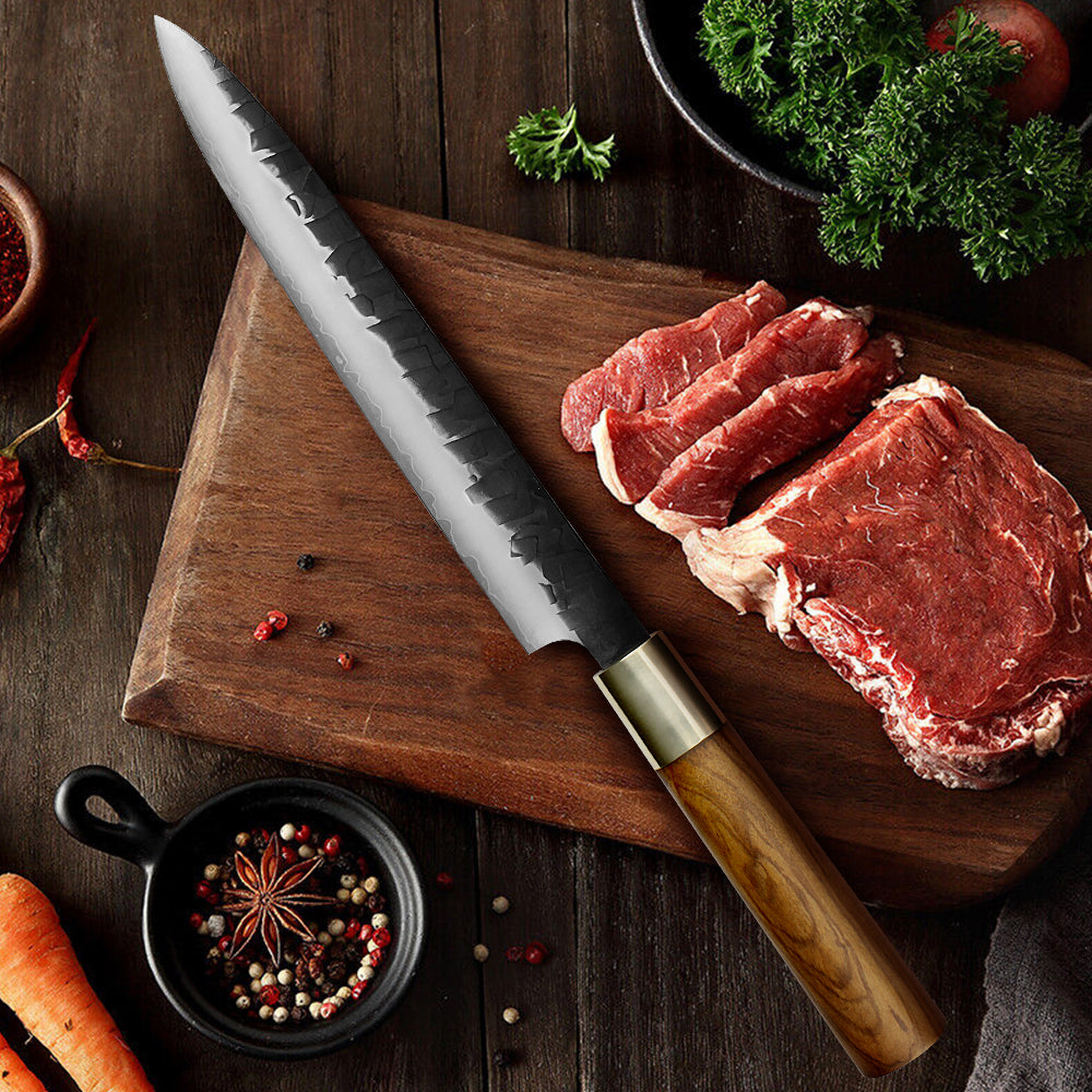 Kajiya Asakusa 9'' YanagiBa - Professional Japanese Kitchen Knife for Sushi & Sashimi Mastery with 3-Layer VG10 Steel Blade & Natural Wooden Handle (Olive/Ebony options)