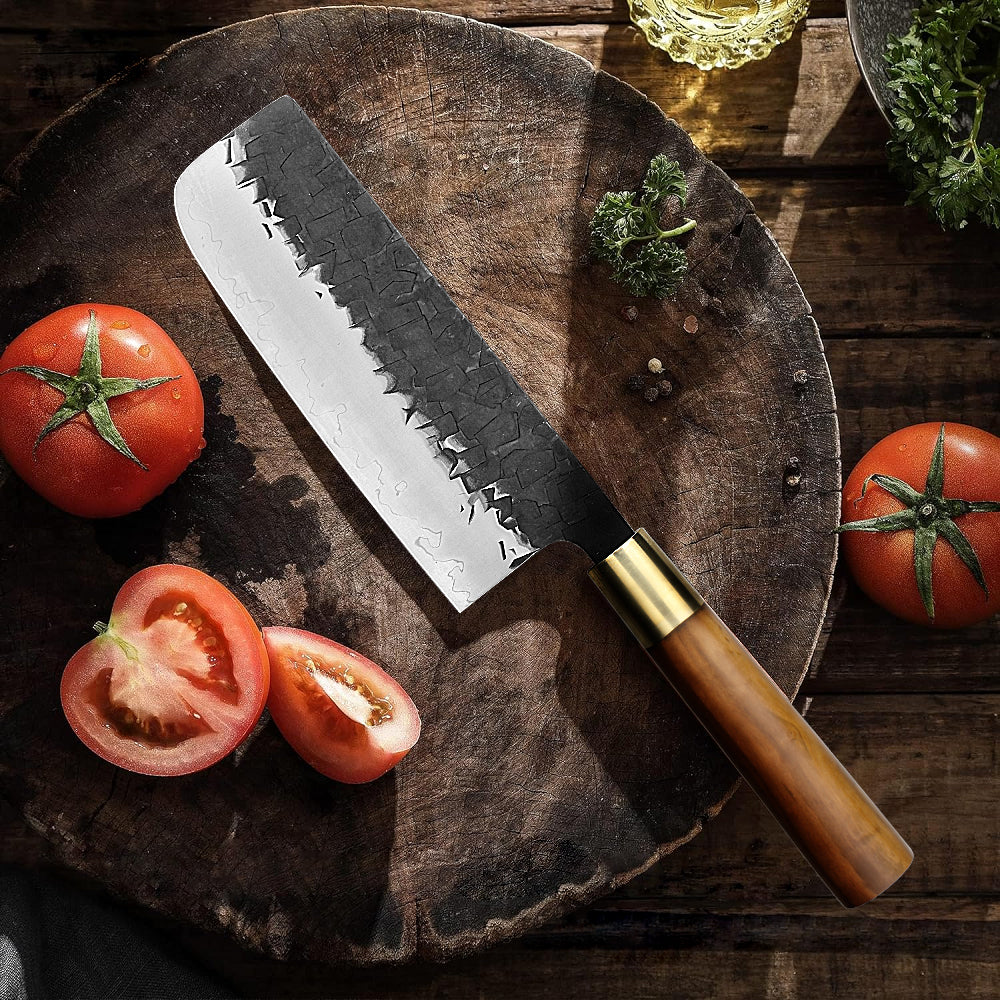Kajiya Asakusa 7'' Nakiri - Japanese Kitchen Knife for Vegetable Chopping & Precision Slicing with 3-Layer VG10 Steel Blade & Natural Wooden Handle (Olive)