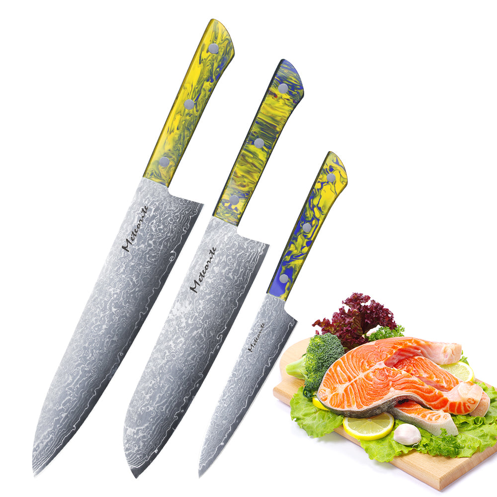Meteorite PaintedBunting  3pcs Chef & Santoku & Utility Knife Set - Premium Damascus Kitchen Chefs Knife Set - Japanese Style knives Blade in Gift Box