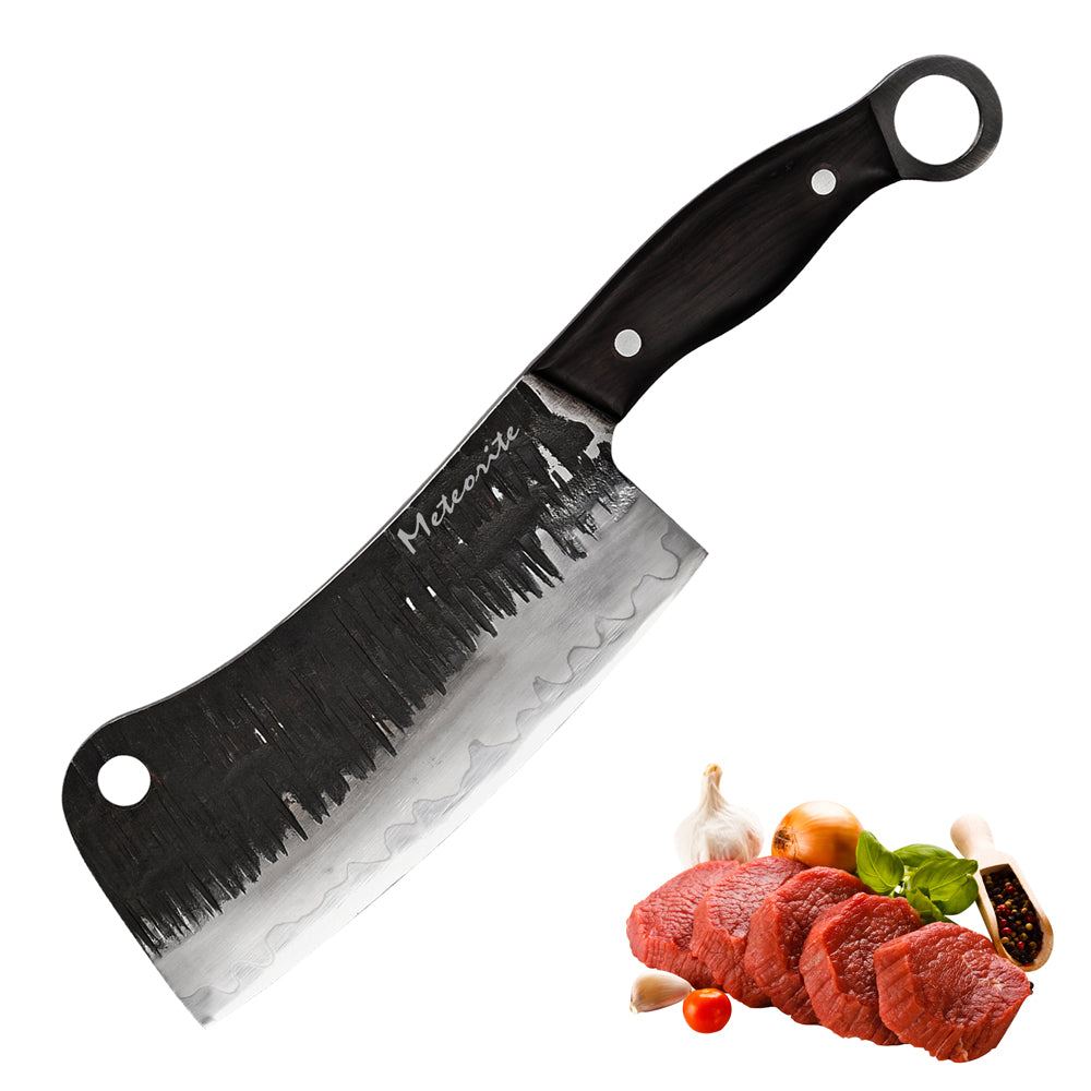 Meteorite Kodiak 7'' Cleaver - Heavy-Duty Full-Tang Outdoor Knife for Camp Cooking & Wood Chopping｜T10 Forged Steel & Natural Wooden Handle (Ebony)