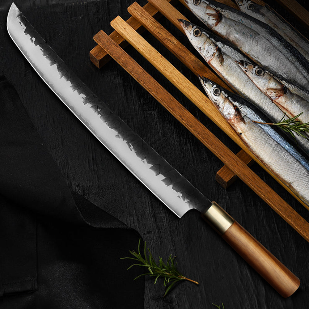 Kajiya Asakusa 13'' Senmaru - Professional Japanese Kitchen Knife for Fish Butchering & Sashimi with 3-Layer VG10 Steel Blade & Natural Wooden Handle (Olive)