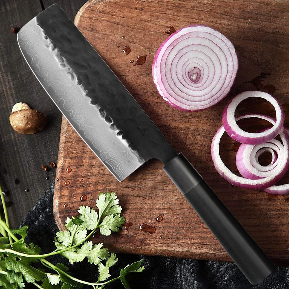 Kajiya Keikoku 7'' Nakiri - Japanese Kitchen Knife for Vegetable Chopping & Precision Slicing with 3-Layer VG10 Steel Blade & Natural Wooden Handle (Ebony)