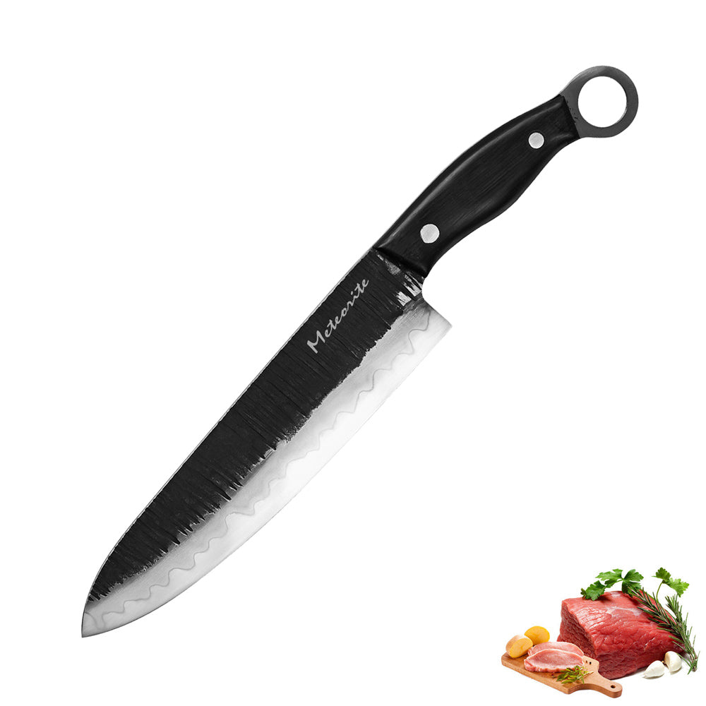 Meteorite Kodiak 9'' Chef Knife - Heavy-Duty Full-Tang Camp Cooking Knife for Wild Ingredients & Outdoor Prep｜High-Carbon Forged Steel & Natural Wooden Handle (Ebony)
