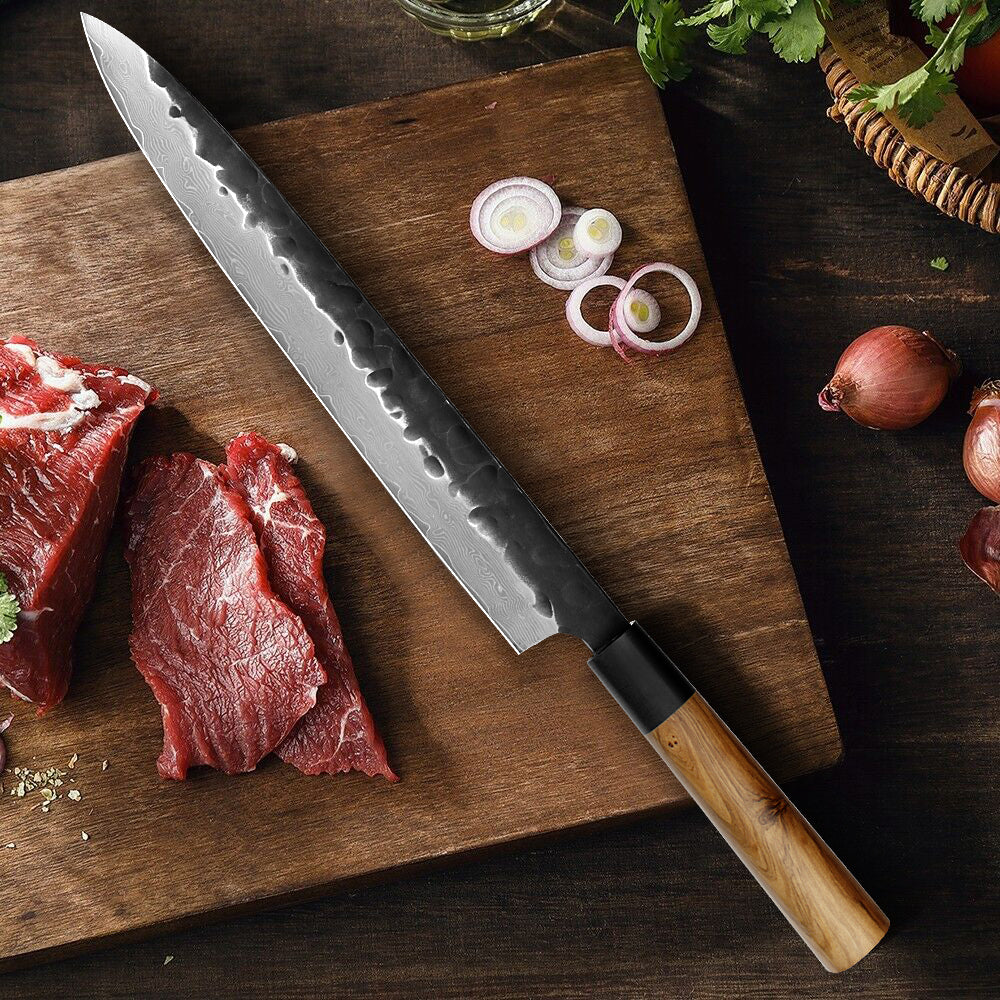 Kajiya Keikoku 11'' YanagiBa - Professional Japanese Kitchen Knife for Sushi & Sashimi with 67-Layer Damascus VG10 Steel Blade & Natural Wooden Handle (Olive)