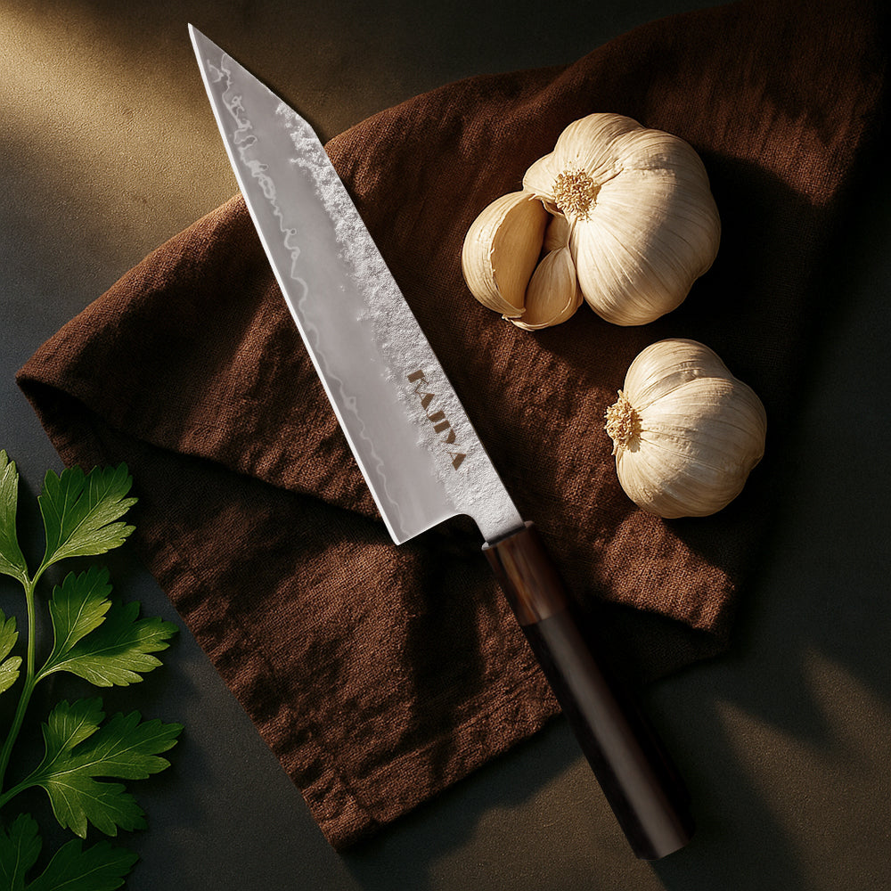 Kajiya Kumano 8'' Kiritsuke - Fashion-Forward Japanese Kitchen Knife for Precision Slicing & Multi-Purpose Cooking with 3-Layer VG10 Steel Blade & OX Horn and Wood Handle