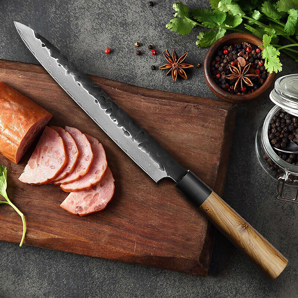 Kajiya Keikoku 9'' ‌YanagiBa - Ultra-Light Japanese Sashimi Knife for Precision Fish Slicing with 67-Layer Damascus Steel & Natural Wooden Handle (Olive)