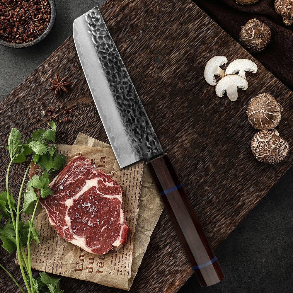 Kajiya Unnan 7" Nakiri -  Japanese  Professional Precision Slicing For Vegetables with Damascus Steel Blade & Ebony Wood Handle