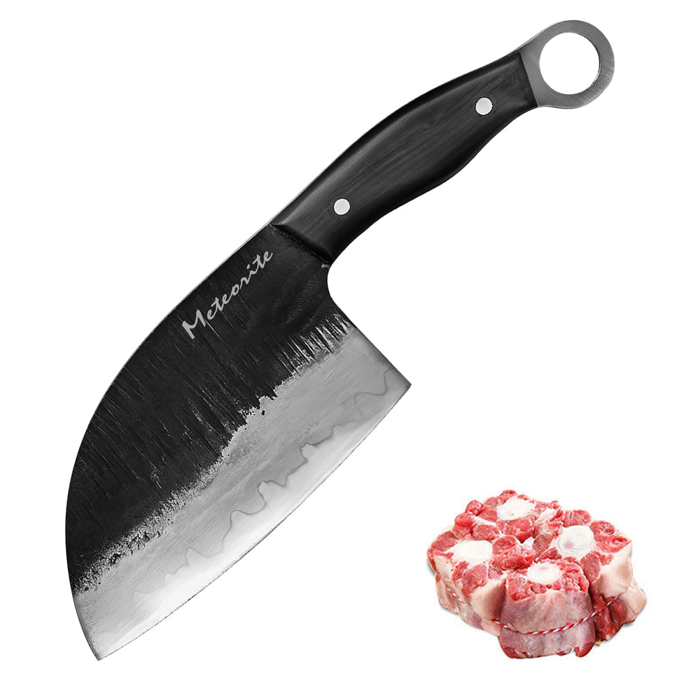 Meteorite Kodiak 6'' Asia Cleaver - Heavy-Duty Full-Tang Outdoor Knife for Camp Cooking & Game Processing｜T10 Forged Steel & Natural Wooden Handle (Ebony)