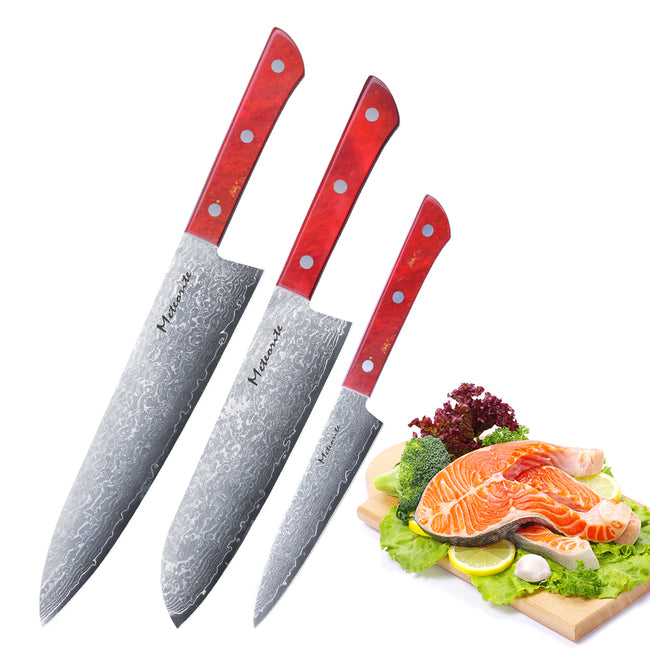 Meteorite PaintedBunting  3pcs Chef & Santoku & Utility Knife Set - Premium Damascus Kitchen Chefs Knife Set - Japanese Style knives Blade in Gift Box Hover Image