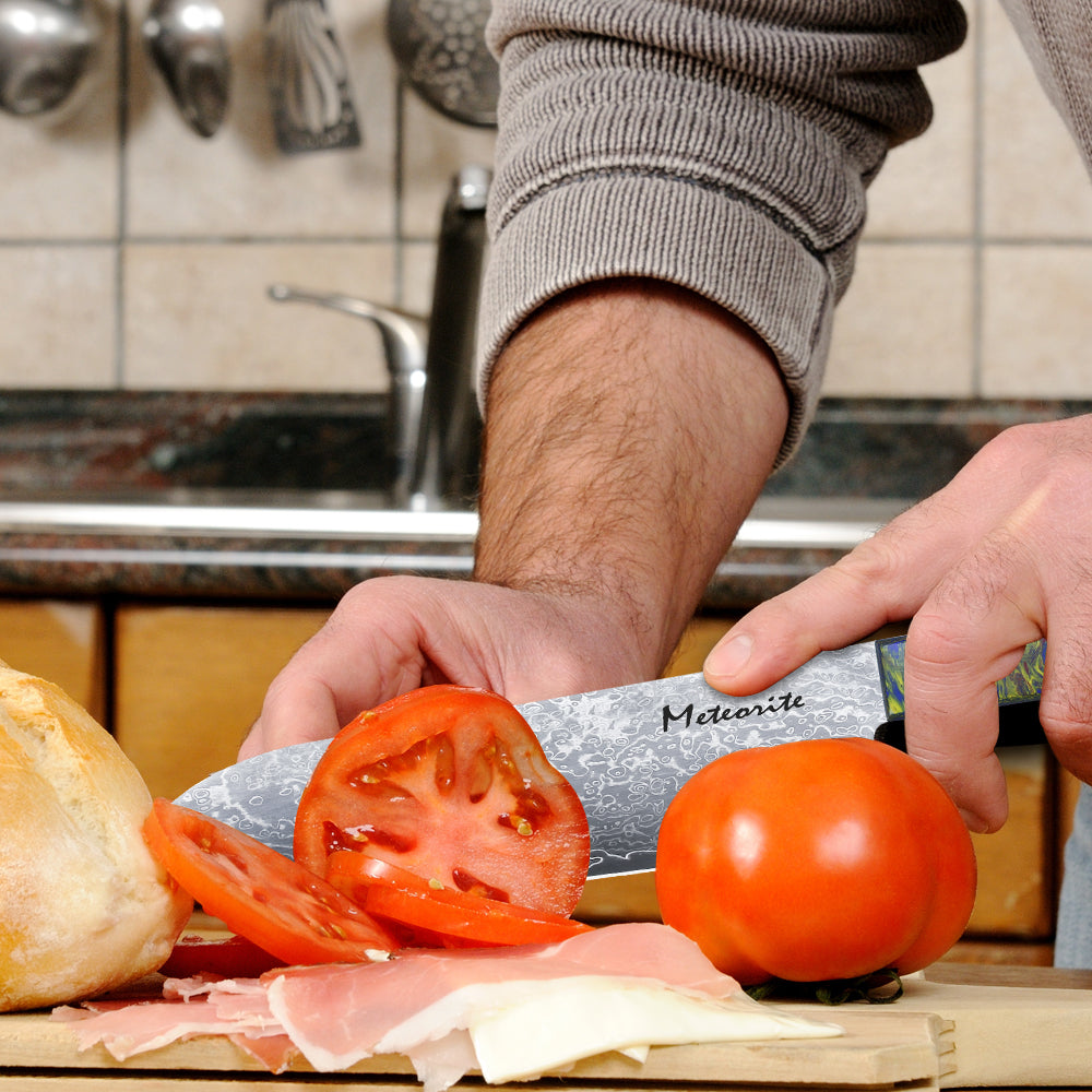 Meteorite PaintedBunting 7" Santoku Knife - Japanese Kitchen Blade for Effortless Chopping & Slicing, 67-Layer Damascus Steel with Stylish Acrylic Handle
