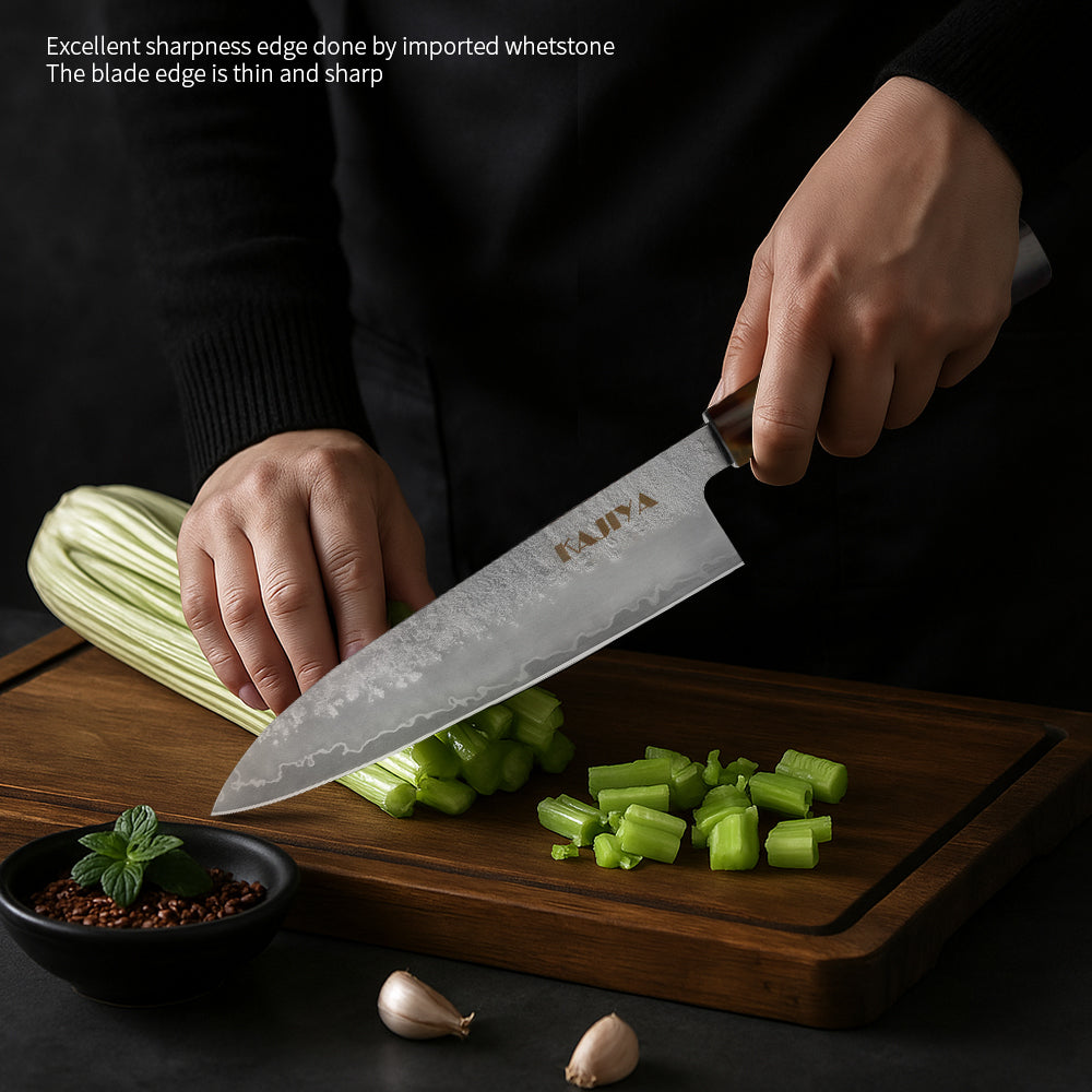 Kajiya Kumano 8'' Gyuto - Fashion-Forward Japanese Chef Knife for Precision Cooking & Kitchen Mastery with 3-Layer VG10 Steel Blade & OX Horn and Wood Handle