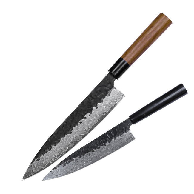Kajiya Keikoku 9'' Gyuto - Professional Japanese Kitchen Knife for Meat Cutting & Vegetable Slicing with 67-Layer Damascus VG10 Steel Blade & Natural Wooden Handle (Olive/Ebony options) Hover Image