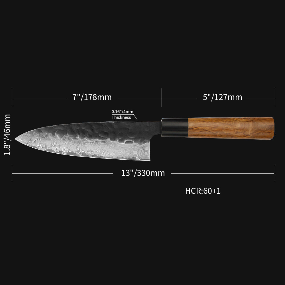 Kajiya Keikoku 7'' Deba - Professional Japanese Kitchen Knife for Fish Deboning & Heavy-Duty Butchering with 67-Layer Damascus VG10 Steel blade & Natural Wooden Handle (Olive/Ebony options)