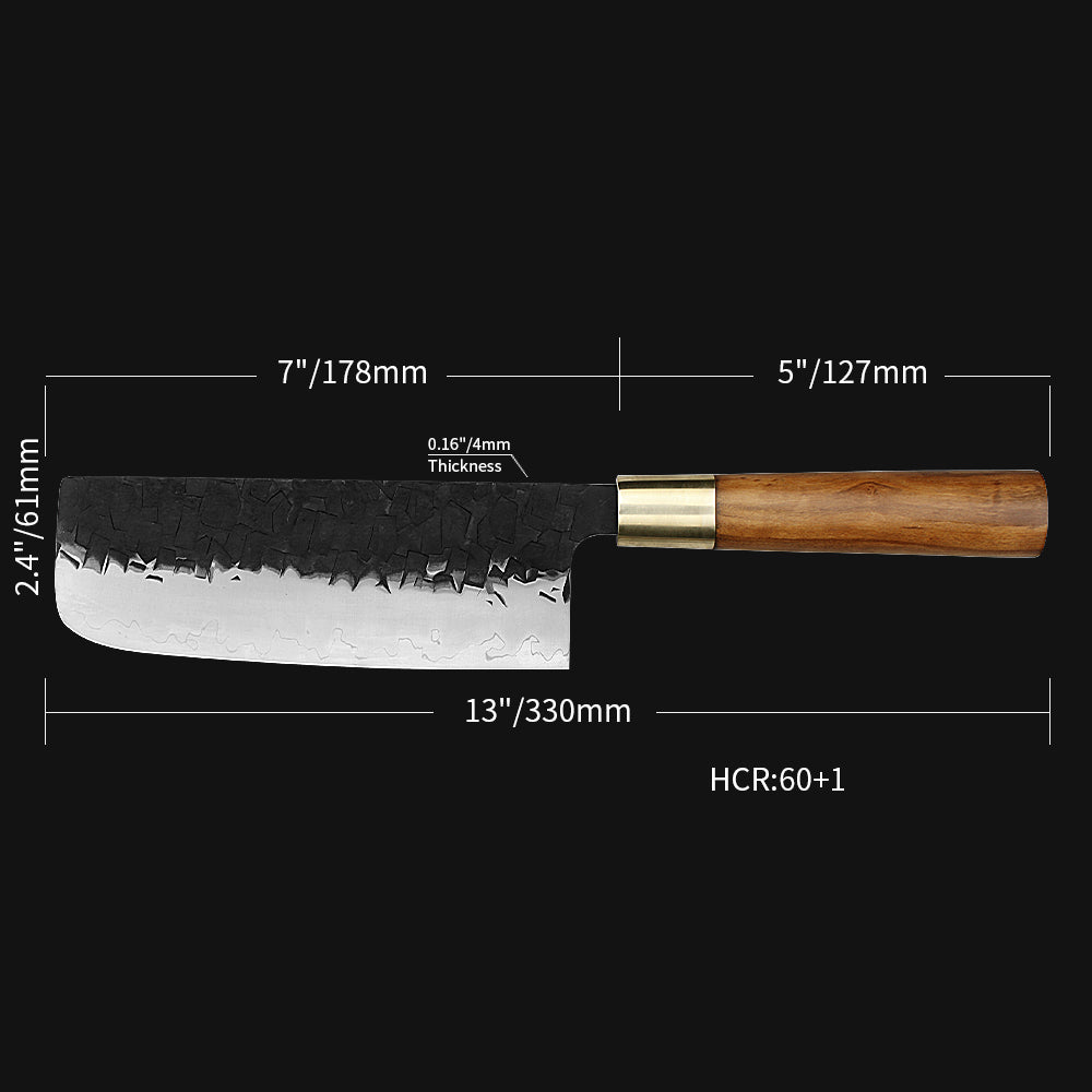 Kajiya Asakusa 7'' Nakiri - Japanese Kitchen Knife for Vegetable Chopping & Precision Slicing with 3-Layer VG10 Steel Blade & Natural Wooden Handle (Olive/Ebony options)