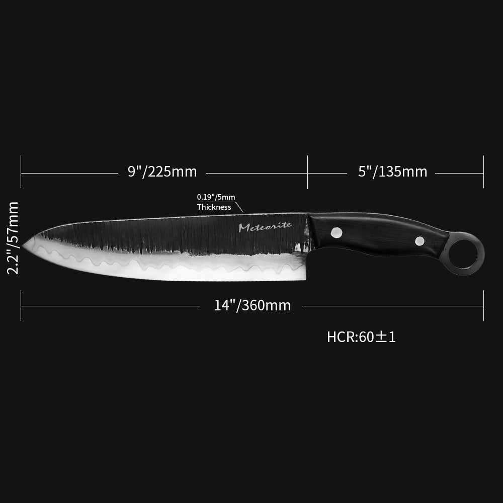 Meteorite Kodiak 9'' Chef Knife - Heavy-Duty Full-Tang Camp Cooking Knife for Wild Ingredients & Outdoor Prep｜High-Carbon Forged Steel & Natural Wooden Handle (Ebony)