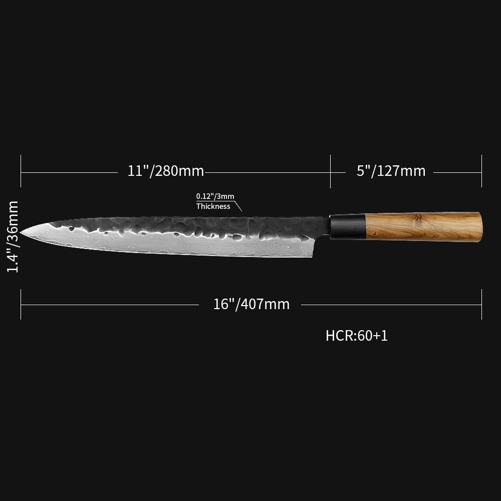 Kajiya Keikoku 11'' YanagiBa - Professional Japanese Kitchen Knife for Sushi & Sashimi with 67-Layer Damascus VG10 Steel Blade & Natural Wooden Handle (Olive/Ebony options)