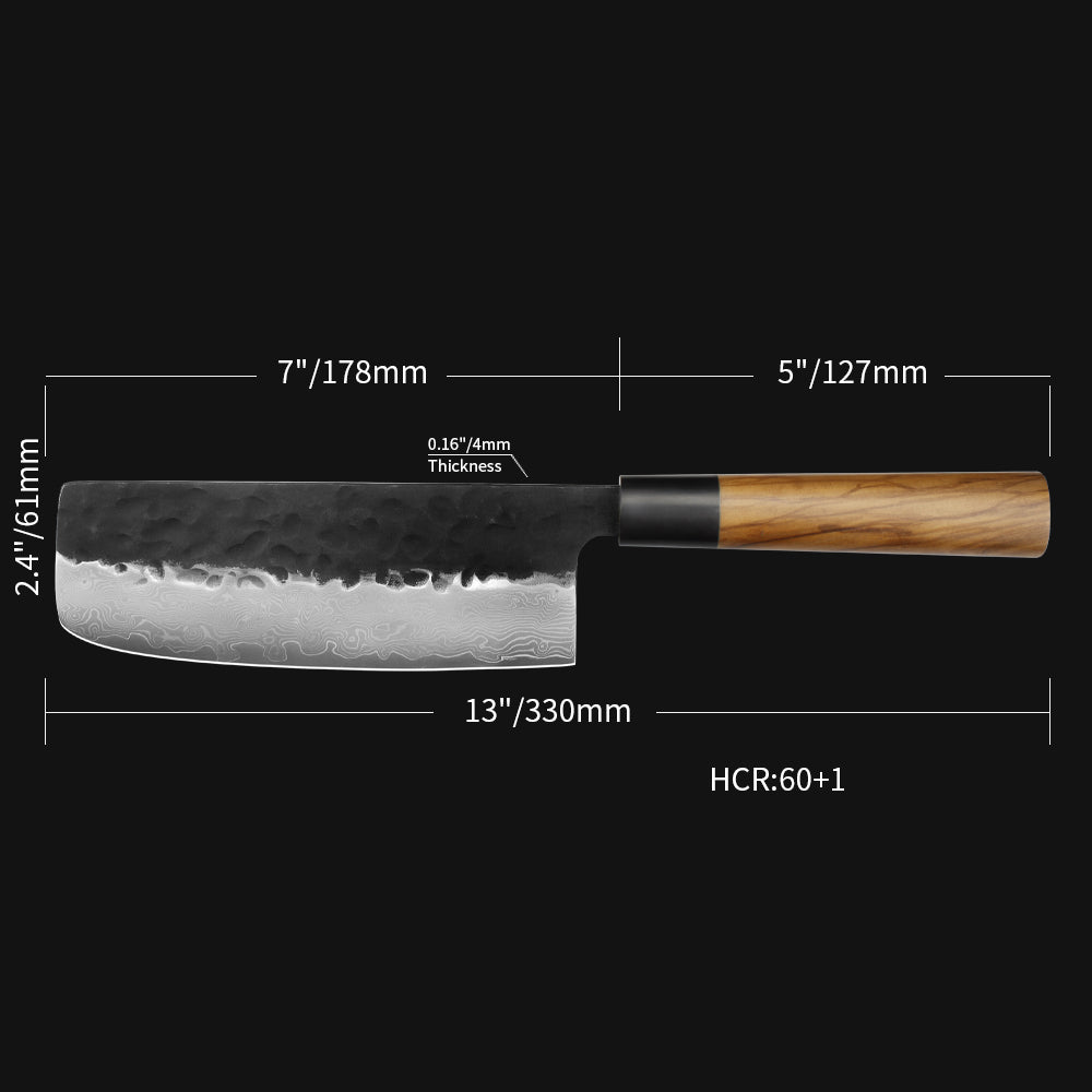 Kajiya Keikoku 7'' Nakiri - Japanese Kitchen Knife for Vegetable Chopping & Precision Slicing with 3-Layer VG10 Steel Blade & Natural Wooden Handle (Olive/Ebony options)