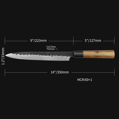 Kajiya Keikoku 9'' ‌YanagiBa - Ultra-Light Japanese Sashimi Knife for Precision Fish Slicing with 67-Layer Damascus Steel & Natural Wooden Handle (Olive)