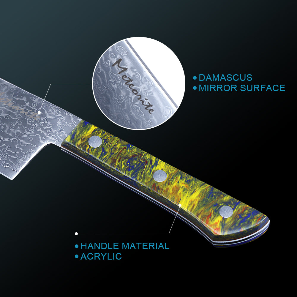 Meteorite PaintedBunting 7" Santoku Knife - Japanese Kitchen Blade for Effortless Chopping & Slicing, 67-Layer Damascus Steel with Stylish Acrylic Handle