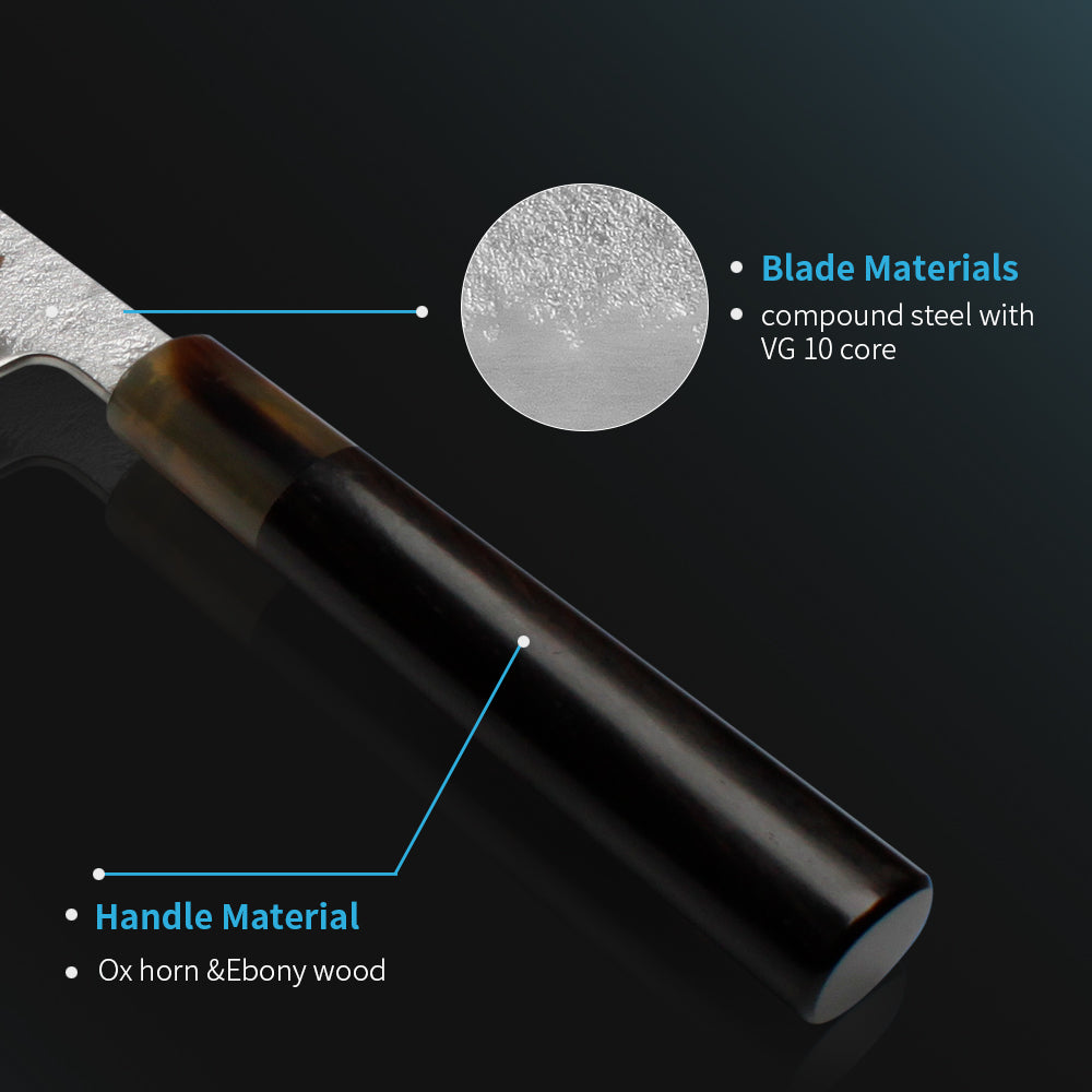 Kajiya Kumano 8'' Gyuto - Fashion-Forward Japanese Chef Knife for Precision Cooking & Kitchen Mastery with 3-Layer VG10 Steel Blade & OX Horn and Wood Handle