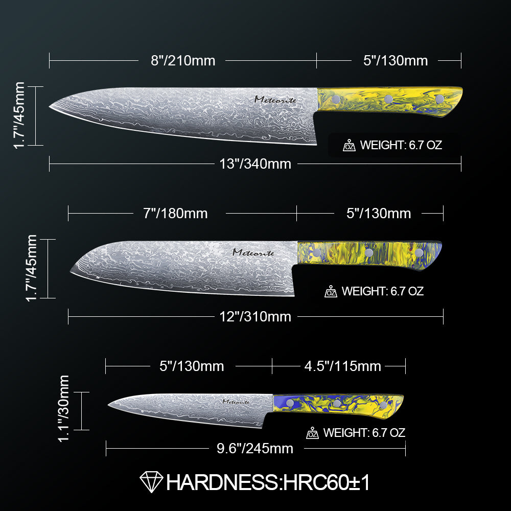 Meteorite PaintedBunting  3pcs Chef & Santoku & Utility Knife Set - Premium Damascus Kitchen Chefs Knife Set - Japanese Style knives Blade in Gift Box