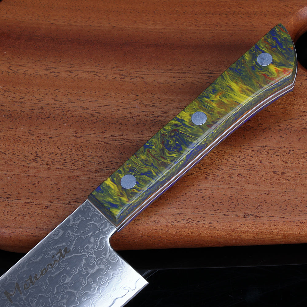 Meteorite PaintedBunting 7" Santoku Knife - Japanese Kitchen Blade for Effortless Chopping & Slicing, 67-Layer Damascus Steel with Stylish Acrylic Handle