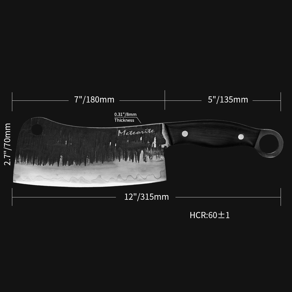 Meteorite Kodiak 7'' Cleaver - Heavy-Duty Full-Tang Outdoor Knife for Camp Cooking & Wood Chopping｜T10 Forged Steel & Natural Wooden Handle (Ebony)