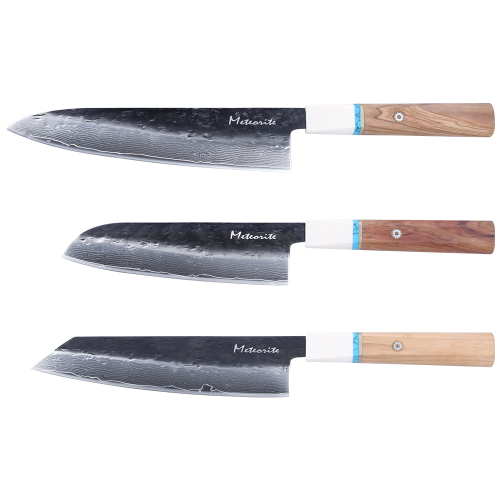 Meteorite IceRaven Japanese Knife Set | 2Pcs / 3Pcs / 4Pcs Black Forged Damascus Steel | Gyuto, Santoku, Nakiri, Kiritsuke | Olive Wood Handle
