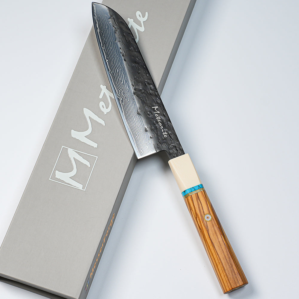 Meteorite IceRaven 7" Santoku - Japanese Kitchen Knife with Black/Sliver Hammered and 67-Layer Damascus Blade & Olive Wood Handle